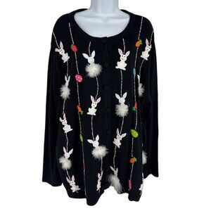 Quacker Factory Easter Black Cardigan With Bunny & Pom-Pom Detail Size 2X